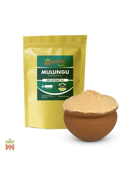 Mulungu-Trockenextrakt 4:1 (Erythrina mulungu) – Beutel von Maya Herbs und helles Pulver im Tontopf