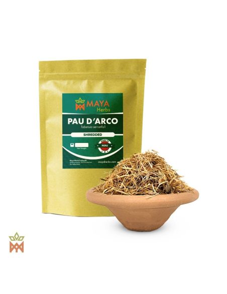 Pau-d’Arco-Rinde aus Peru, zerkleinert – Beutel und Schale mit Rindenfasern