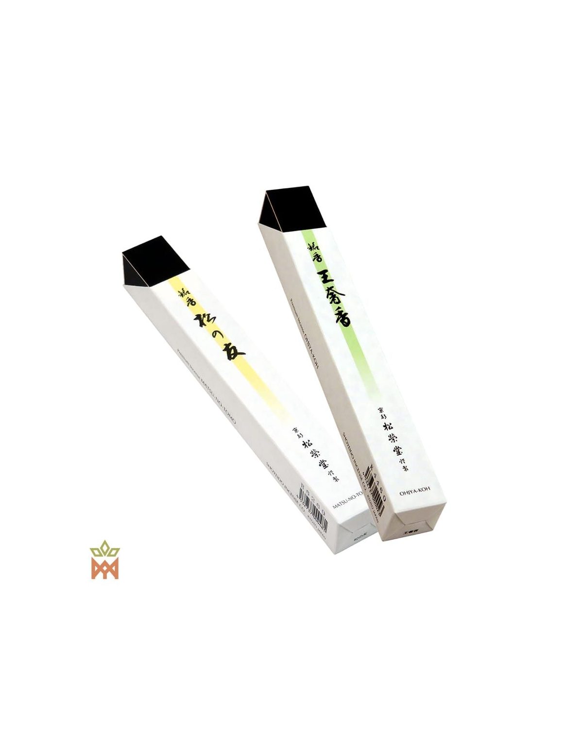 Shoyeido King’s Aroma und Friend of Pine – zwei weiße Räucherstäbchen-Schachteln mit grünem und gelbem Streifen