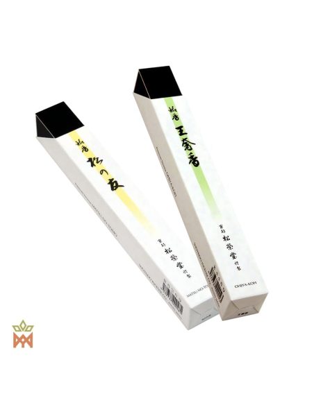 Shoyeido King’s Aroma und Friend of Pine – zwei weiße Räucherstäbchen-Schachteln mit grünem und gelbem Streifen