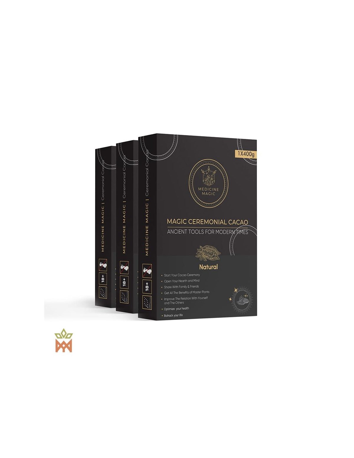 Zeremonieller Kakao aus Kolumbien, Edition Natural – Medicine Magic – drei 400-g-Schachteln, Vorderansicht
