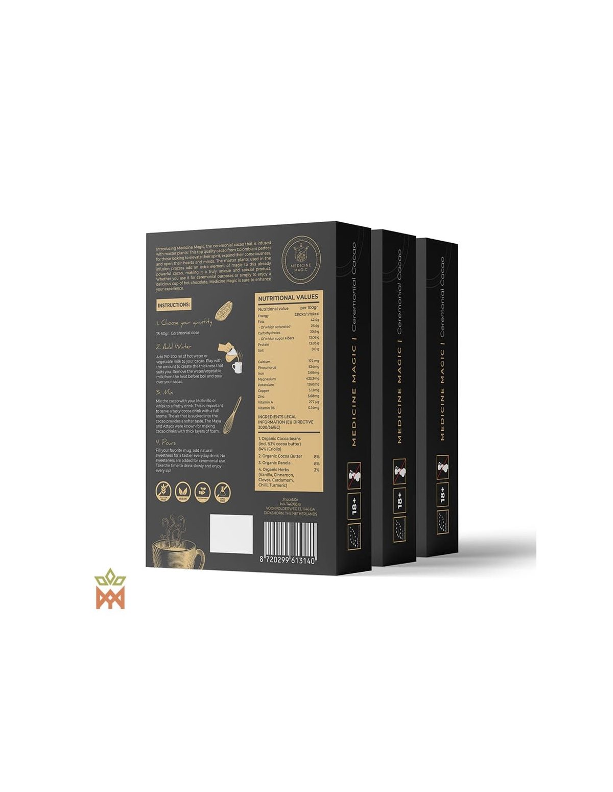 Zeremonieller Kakao aus Kolumbien, Edition Natural – Medicine Magic – Rückseite der Schachteln mit Zutatenliste