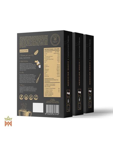 Zeremonieller Kakao aus Kolumbien, Edition Natural – Medicine Magic – Rückseite der Schachteln mit Zutatenliste