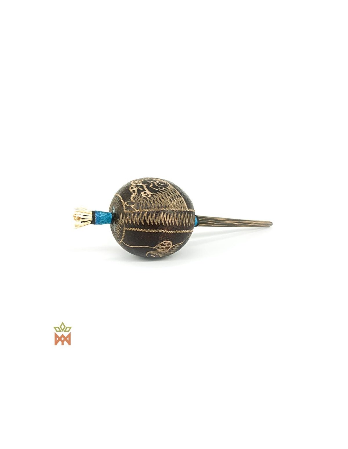 Peruanische Kalebassen-Maraca – Handgefertigte Schüttelrassel – gravierte Kalebasse mit gesichtsähnlicher Figur am Holzgriff