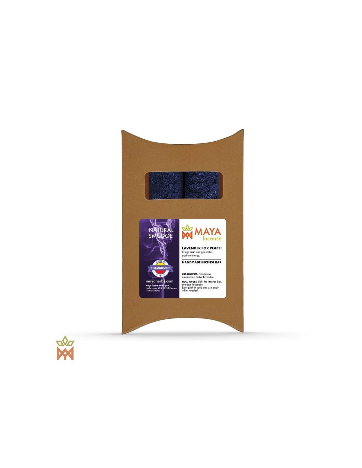 Lavendel-Palo-Santo-Räucherstangen aus Ecuador – Kraftpapierschachtel mit Sichtfenster und Maya-Incense-Etikett