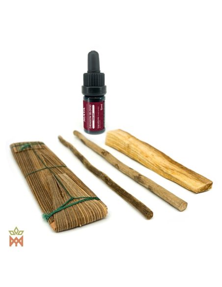 Kambo-Set aus Peru – Leistenbündel, zwei Holzstäbchen, Palo Santo und Drachenblut-Fläschchen