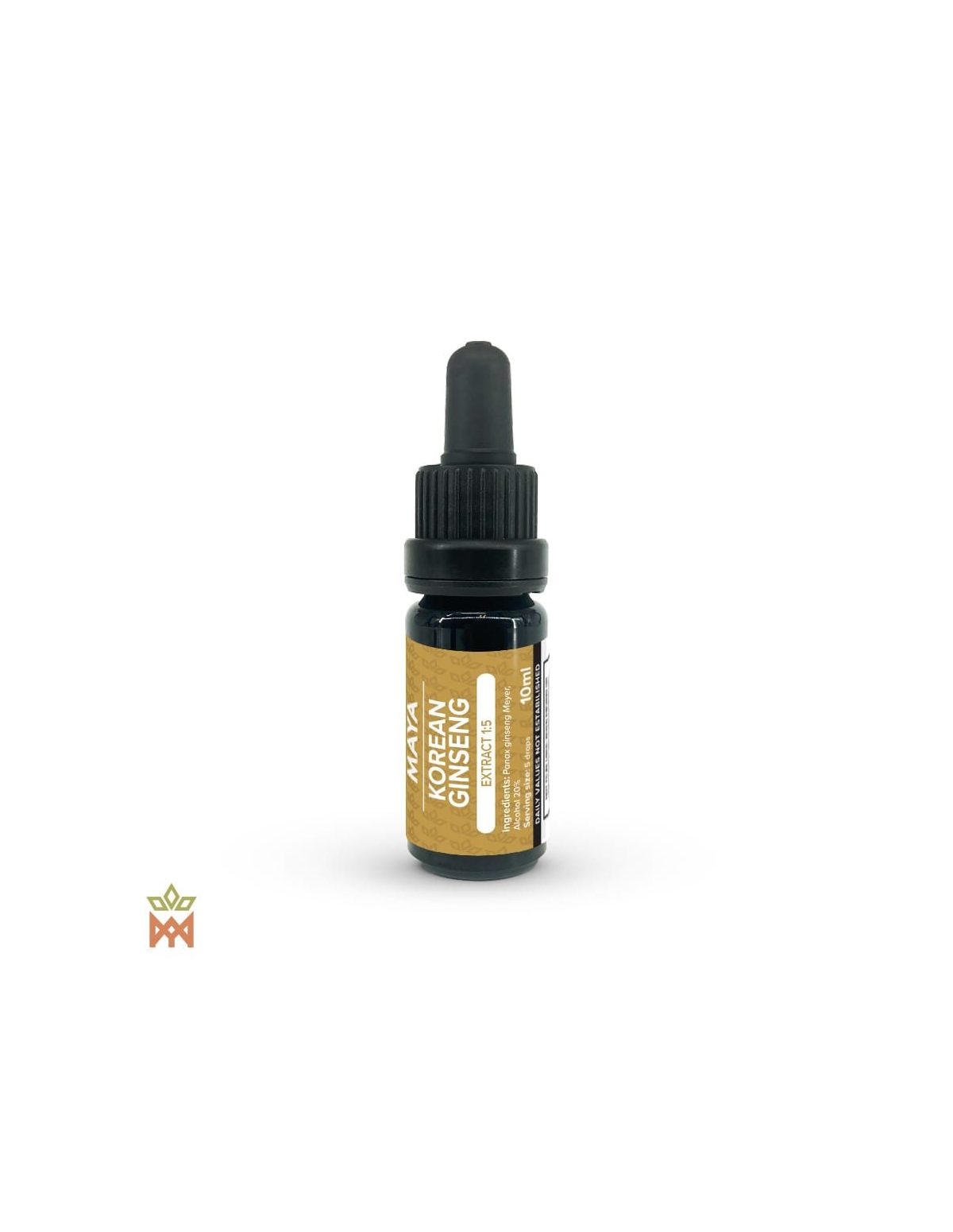 Extrakt aus koreanischem Ginseng 1:5 – 10-ml-Tropffläschchen von Maya mit ockerfarbenem Etikett