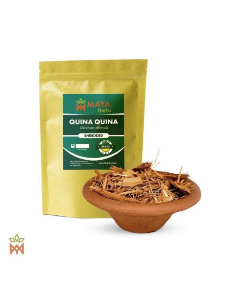 Quina Quina – Beutel von Maya Herbs und zerfaserte Rinde von Cinchona officinalis in einer Tonschale