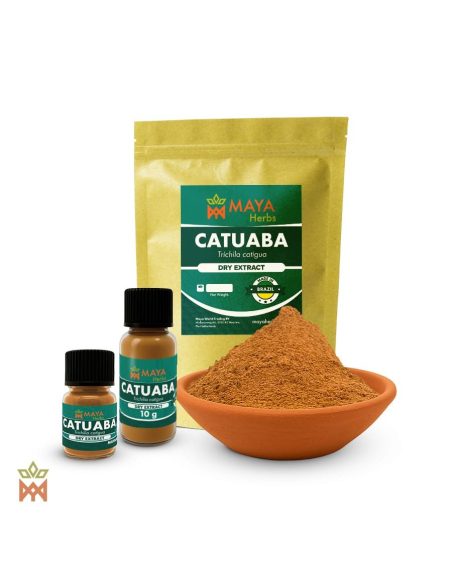 Catuaba aus Brasilien – Trockenextrakt, Trichilia catigua – Beutel, zwei Fläschchen und Schale mit Pulver