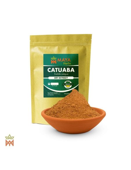 Catuaba aus Brasilien – Trockenextrakt, Trichilia catigua – Beutel mit Pulver in einer Terrakottaschale