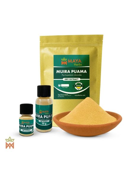 Muira-Puama-Trockenextrakt (Ptychopetalum olacoides) – Beutel von Maya Herbs, zwei Fläschchen und Pulver in einer Tonschale