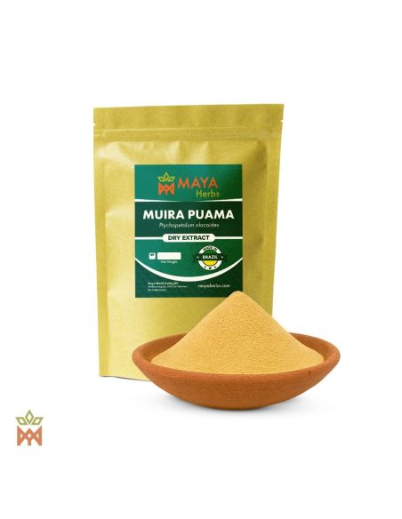 Muira-Puama-Trockenextrakt aus Rinde und Wurzel (Ptychopetalum olacoides) – Beutel von Maya Herbs und Pulver in einer Tonschale