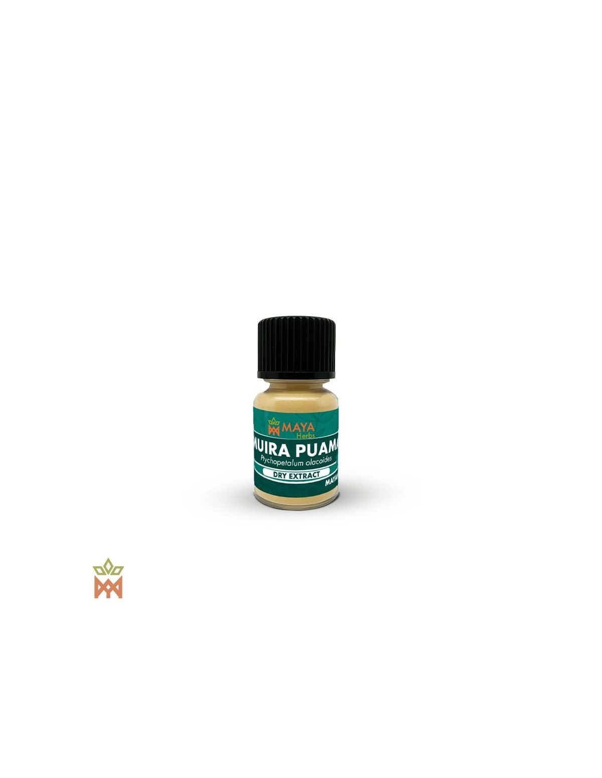 Muira-Puama-Trockenextrakt aus Rinde und Wurzel (Ptychopetalum olacoides) – kleines Fläschchen mit dem Etikett von Maya Herbs