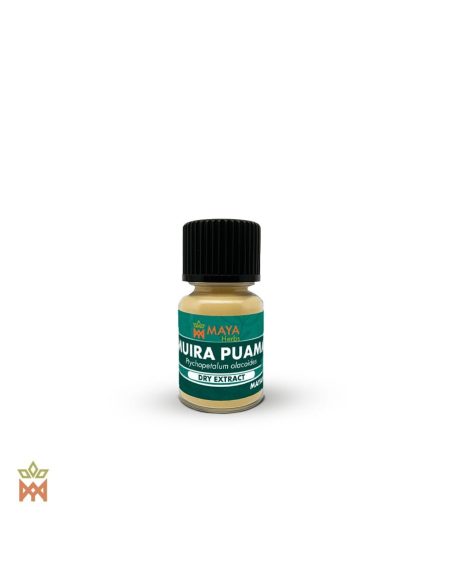 Muira-Puama-Trockenextrakt aus Rinde und Wurzel (Ptychopetalum olacoides) – kleines Fläschchen mit dem Etikett von Maya Herbs