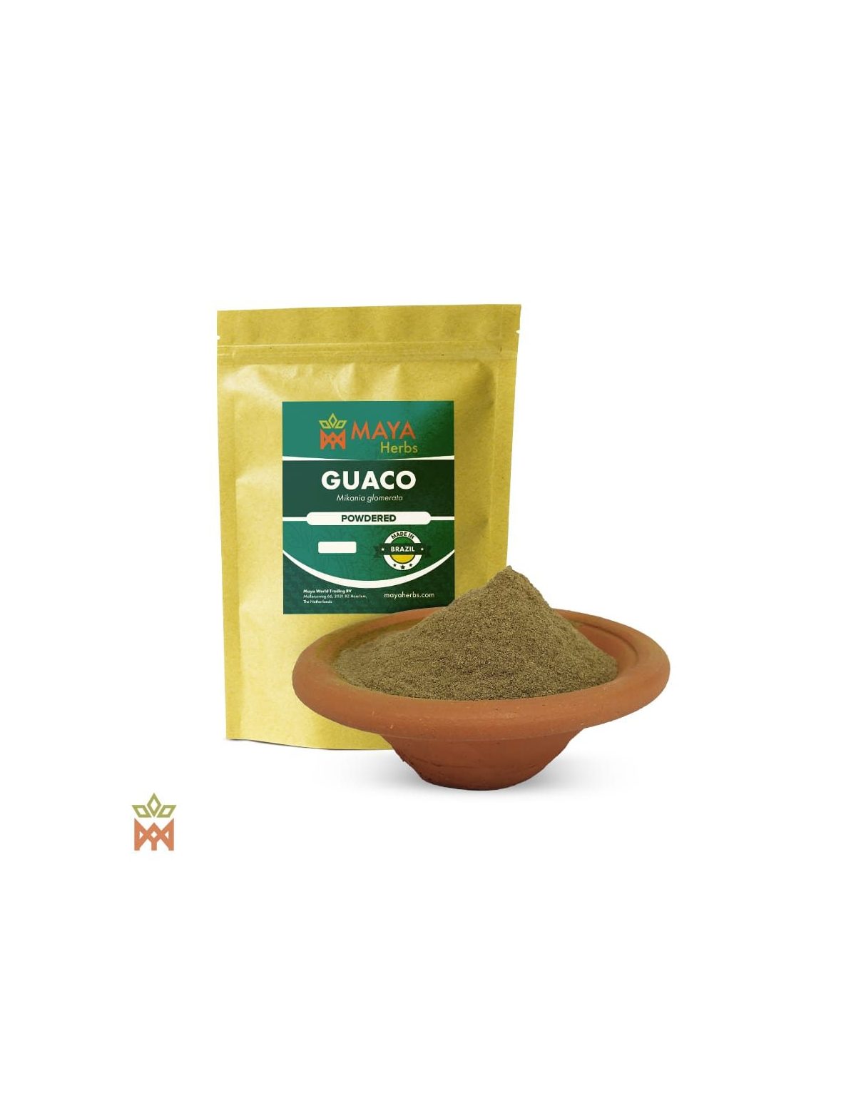 Guaco aus Brasilien – Blattpulver, Mikania glomerata – Beutel und Schale mit Pulver