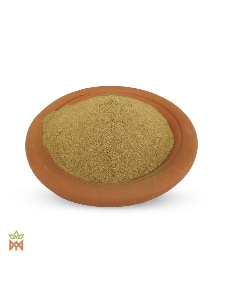 Espinheira Santa aus Brasilien (Maytenus ilicifolia) – olivbeiges Blattpulver in einer Tonschale