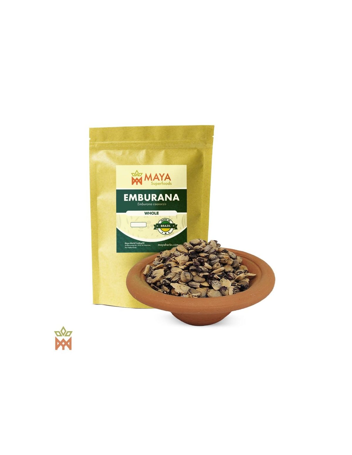 Brasilianische Emburana – Beutel von Maya Superfoods und ganze Samen in einer Tonschale
