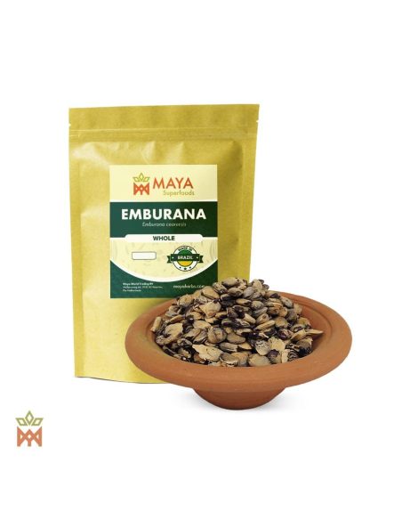 Brasilianische Emburana – Beutel von Maya Superfoods und ganze Samen in einer Tonschale