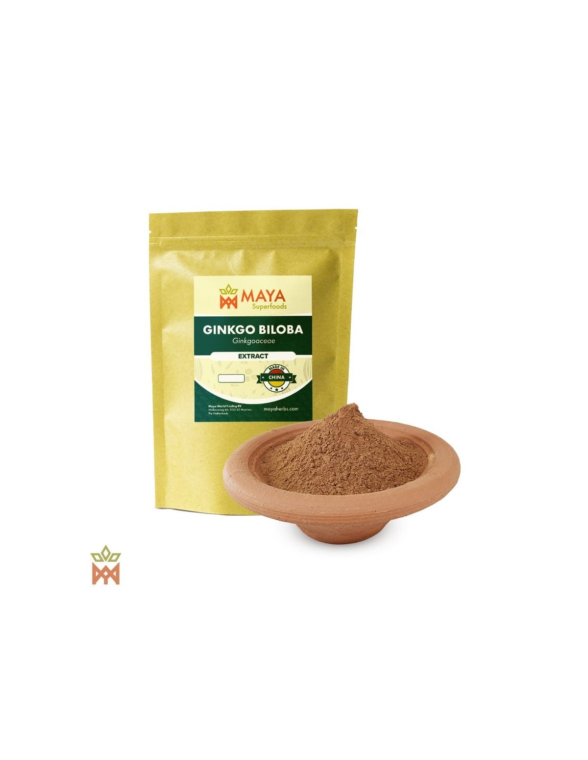 Ginkgoblatt-Trockenextrakt aus China – Beutel von Maya Superfoods und feines braunes Pulver in einer Tonschale