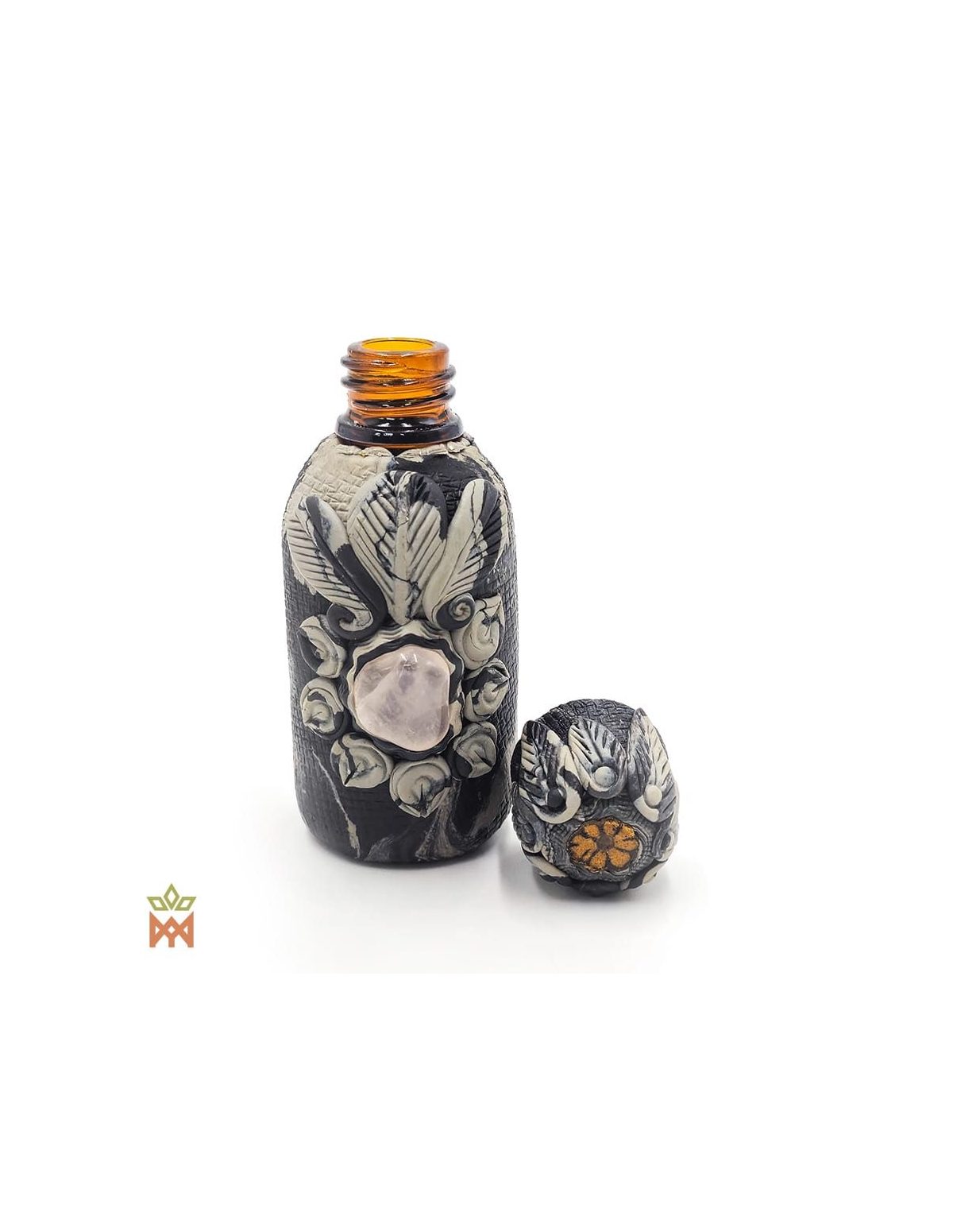 Kuntanawa Rapéh-Flasche, 30 ml – geöffnet, Hals aus Bernsteinglas und Deckel mit Blüte