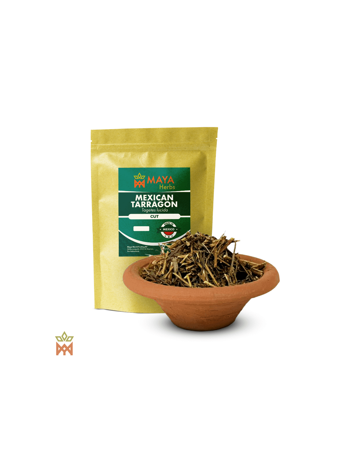Mexikanischer Estragon – Beutel von Maya Herbs „Cut“ und geschnittenes Kraut in einer Tonschale
