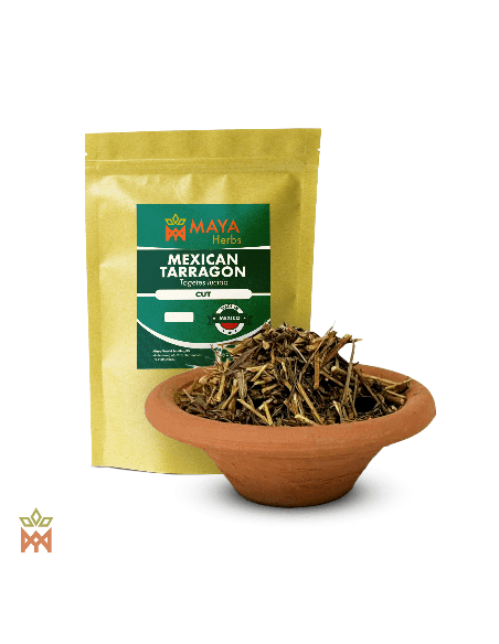 Mexikanischer Estragon – Beutel von Maya Herbs „Cut“ und geschnittenes Kraut in einer Tonschale