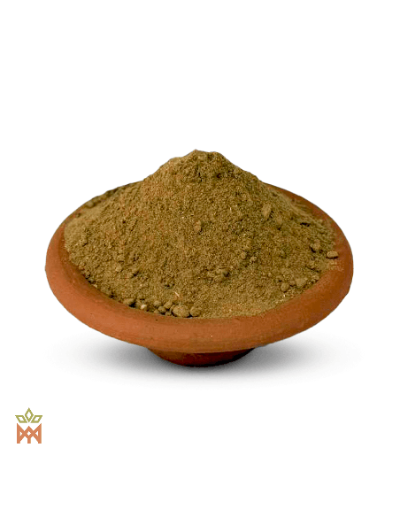 Brasilianische Fünf-Pflanzen-Mischung – Pulver – sandbraunes Pulver in Terrakottaschale