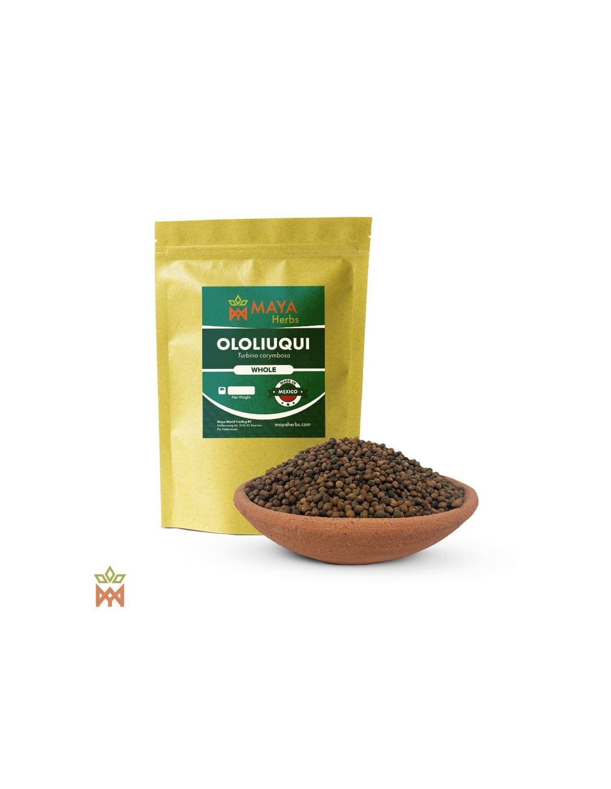 Ololiuqui aus Mexiko (Turbina corymbosa) – Beutel von Maya Herbs und ganze Samen in einer Tonschale