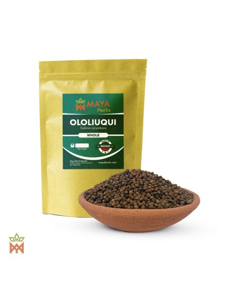 Ololiuqui aus Mexiko (Turbina corymbosa) – Beutel von Maya Herbs und ganze Samen in einer Tonschale