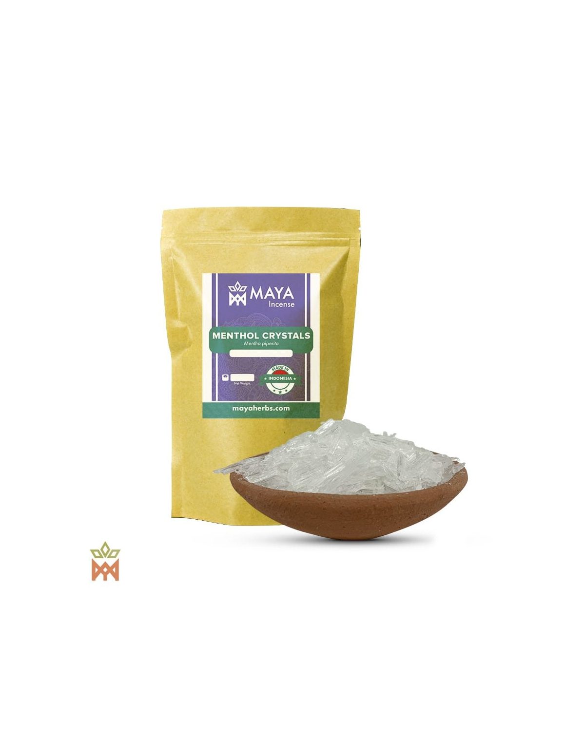 Menthol aus Indonesien – Beutel mit Etikett Menthol Crystals, Made in Indonesia, und Tonschale mit weißen Kristallen