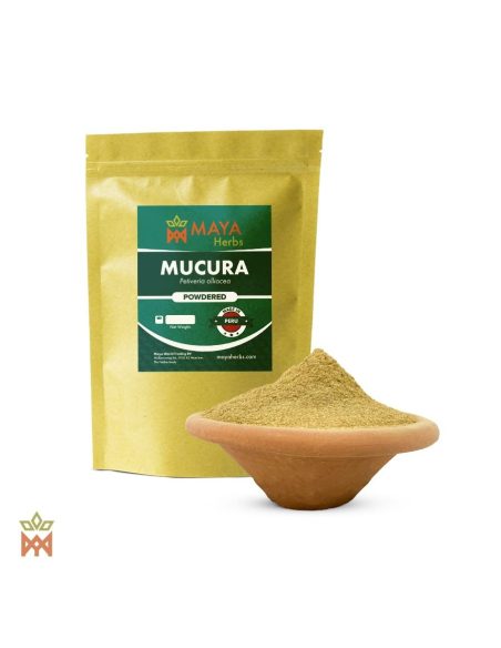 Mucura aus Peru – Pulverisierte Blätter, Petiveria alliacea – etikettierter Beutel und Tonschale mit Blattpulver