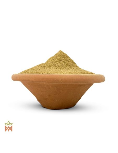 Mucura aus Peru – Pulverisierte Blätter, Petiveria alliacea – olivgrünes Blattpulver in einer Tonschale