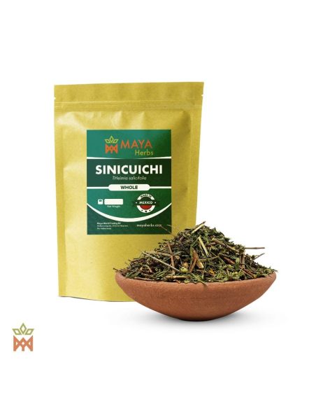 Sinicuichi aus Mexiko – Zerkleinerte Blätter, Heimia salicifolia – etikettierter Beutel und Tonschale mit Blättern