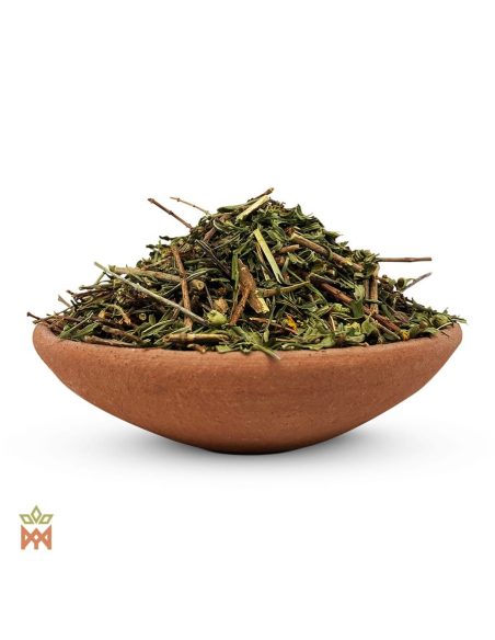 Sinicuichi aus Mexiko – Zerkleinerte Blätter, Heimia salicifolia – Blätter und Stängelstücke in einer Tonschale