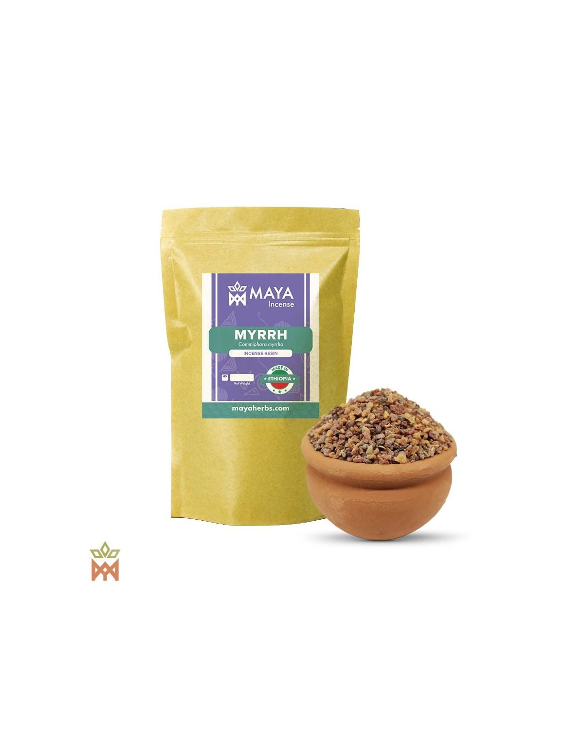 Myrrhe aus Äthiopien – Beutel mit Etikett Myrrh, Made in Ethiopia, und Tonschale mit Körnern