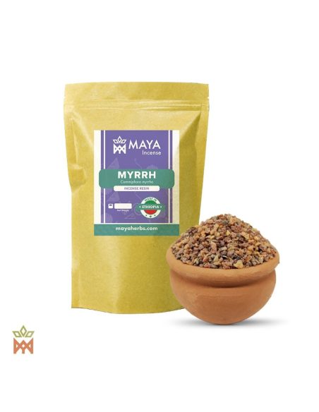 Myrrhe aus Äthiopien – Beutel mit Etikett Myrrh, Made in Ethiopia, und Tonschale mit Körnern
