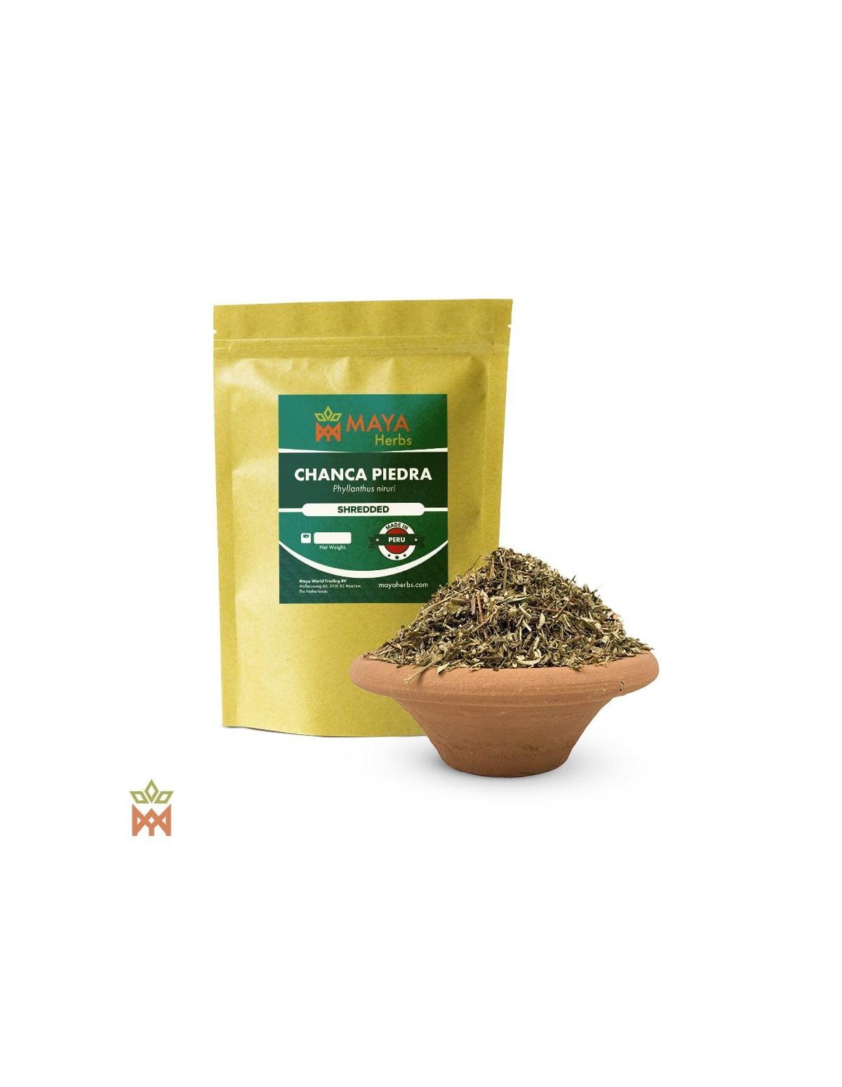Chanca Piedra aus Peru – Geschnittenes Kraut, Phyllanthus niruri – etikettierter Beutel und Tonschale mit Kraut