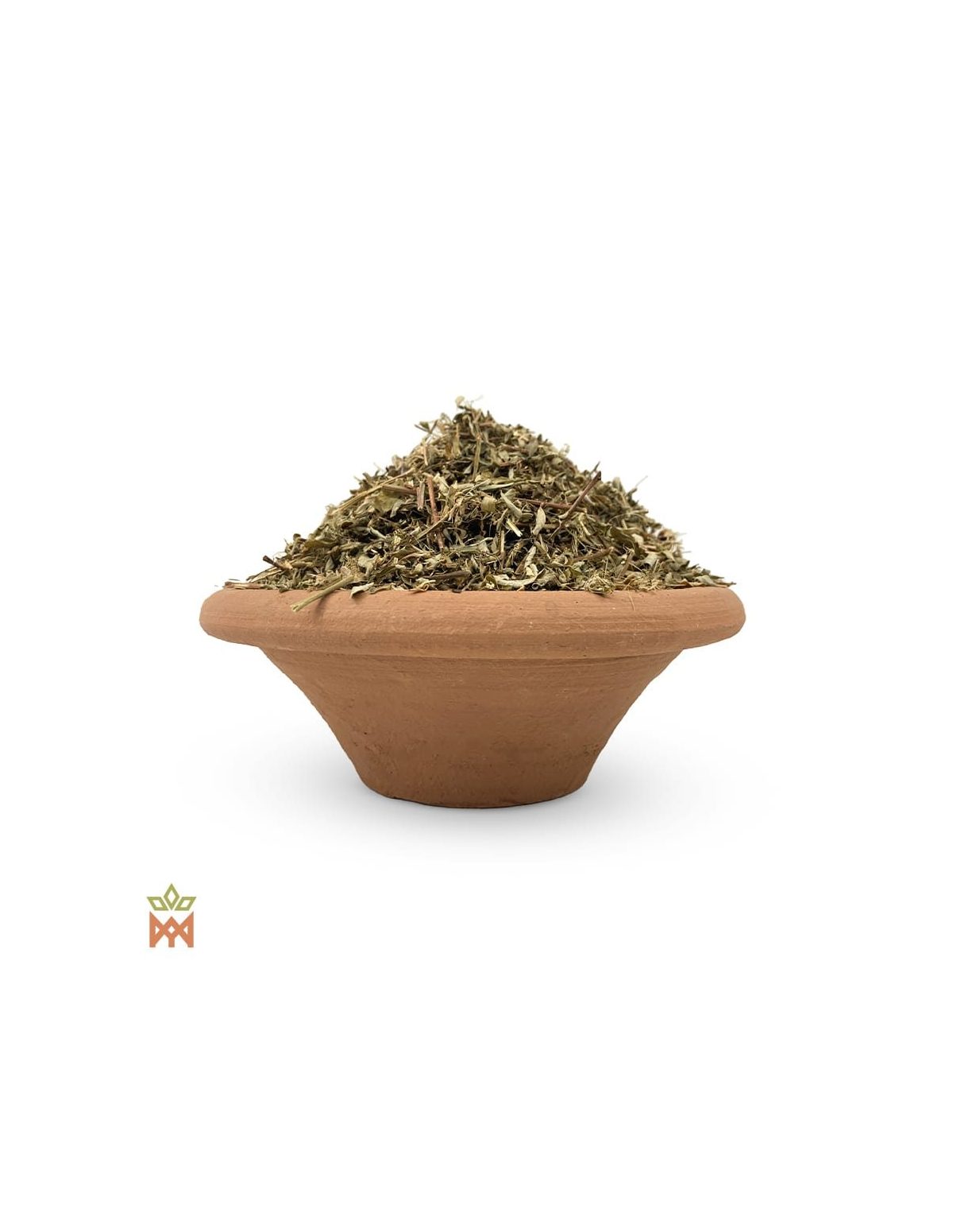 Chanca Piedra aus Peru – Geschnittenes Kraut, Phyllanthus niruri – geschnittene Blätter und Stängel in einer Tonschale