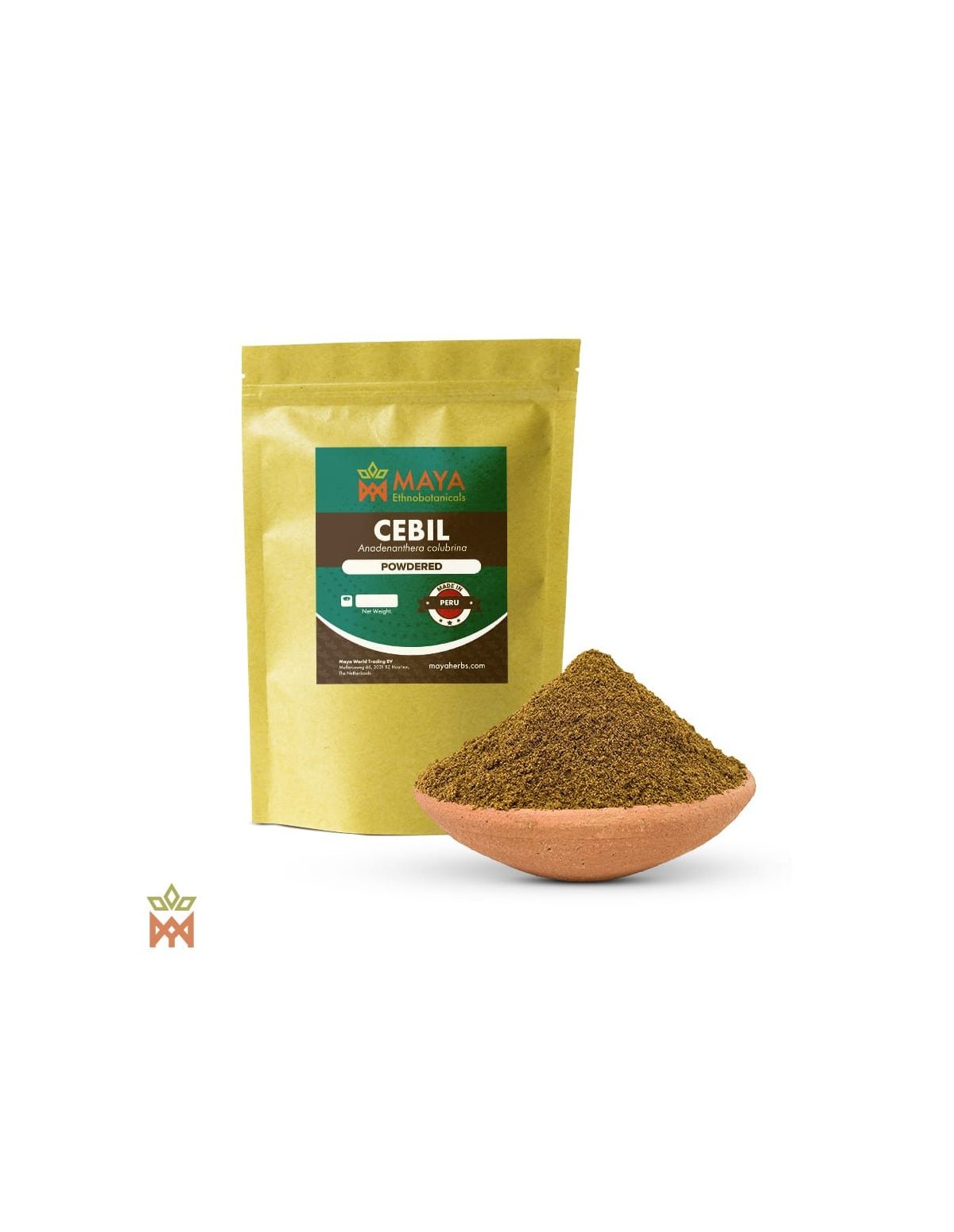Cebil aus Peru – Pulverisierte Samen, Anadenanthera colubrina – etikettierter Beutel und Schale mit olivbraunem Pulver