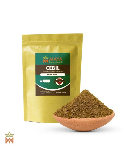 Cebil aus Peru – Pulverisierte Samen, Anadenanthera colubrina – etikettierter Beutel und Schale mit olivbraunem Pulver