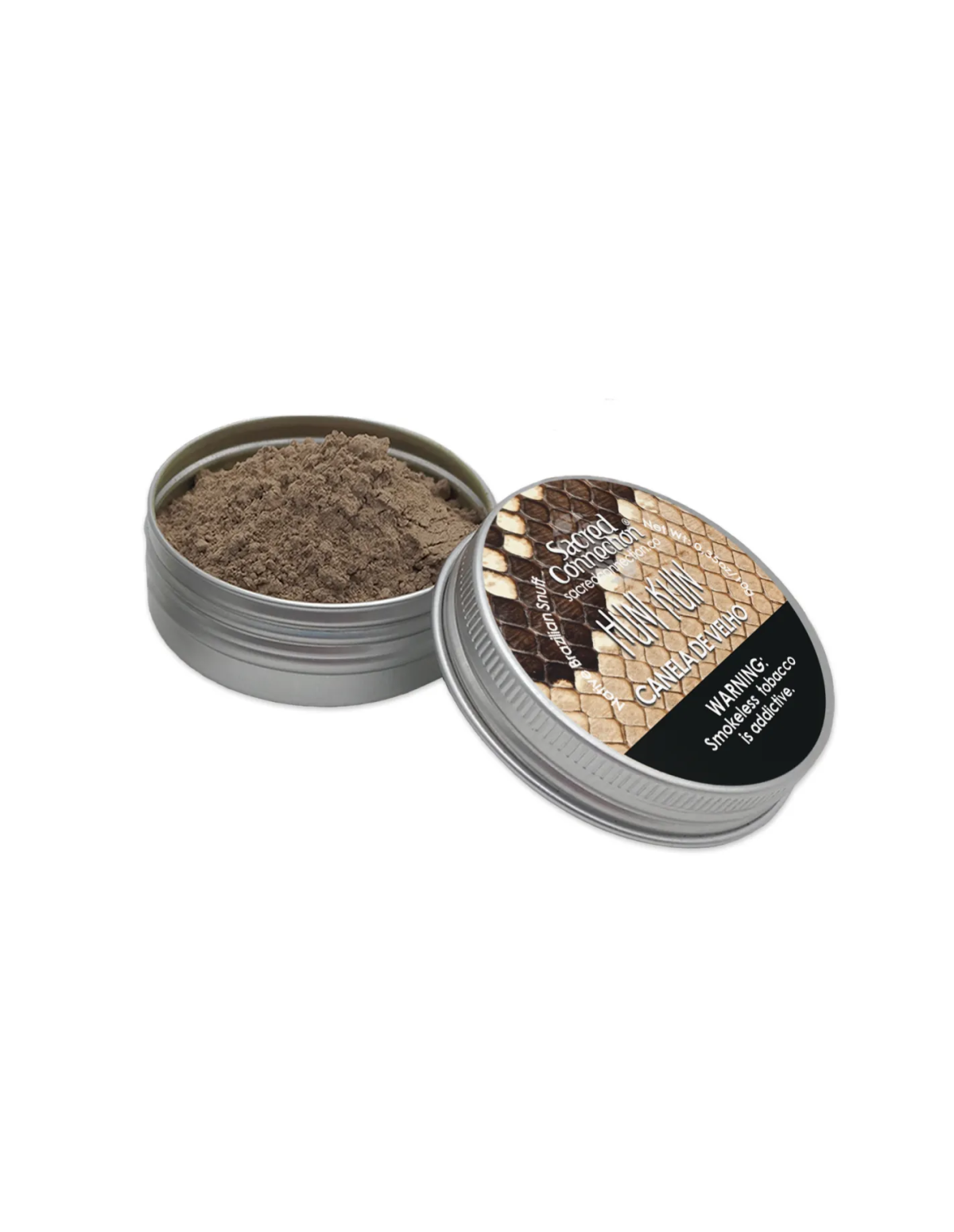Rapé Huni Kuin – Canela de Velho – geöffnete Dose mit Pulver und beschriftetem Deckel