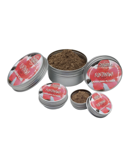 Rapé Kuntanawa – Samauma Flower – Metalldosen in mehreren Größen mit Blütenetikett, zwei geöffnet mit sichtbarem Pulver