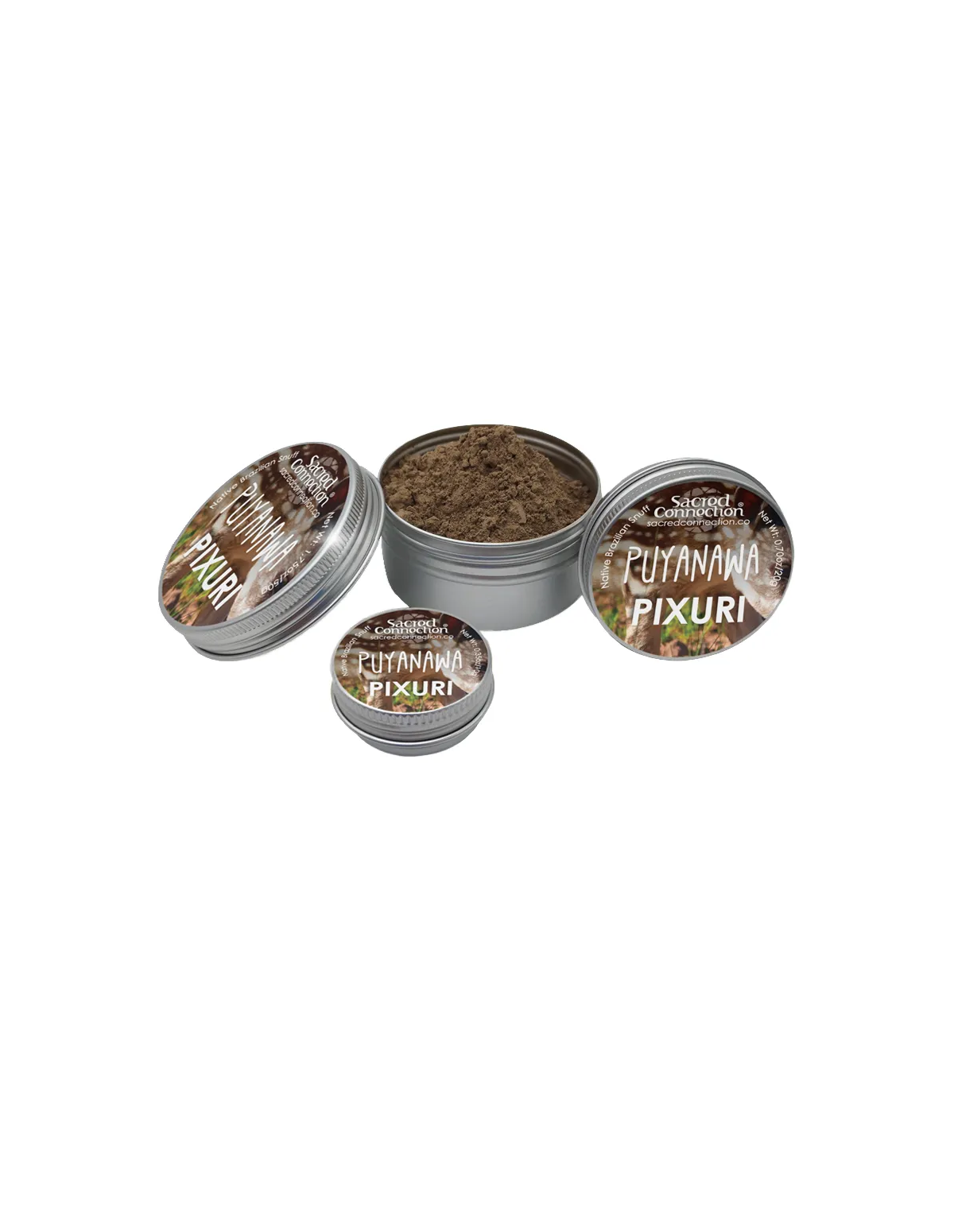 Rapé Puyanawa – Pixuri – drei beschriftete Dosen und eine geöffnete Dose mit Pulver