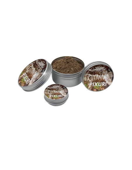 Rapé Puyanawa – Pixuri – drei beschriftete Dosen und eine geöffnete Dose mit Pulver