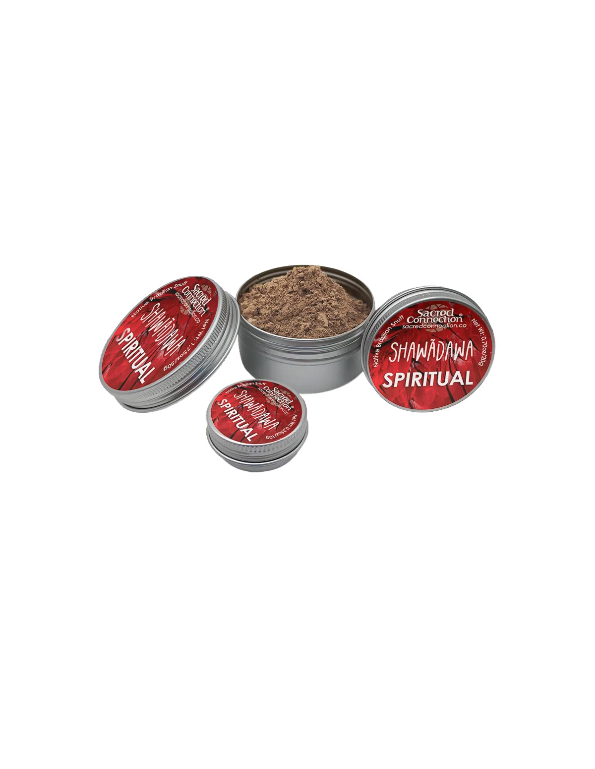 Rapé Shawãdawa – Kapayuba – drei beschriftete Metalldosen, eine davon geöffnet