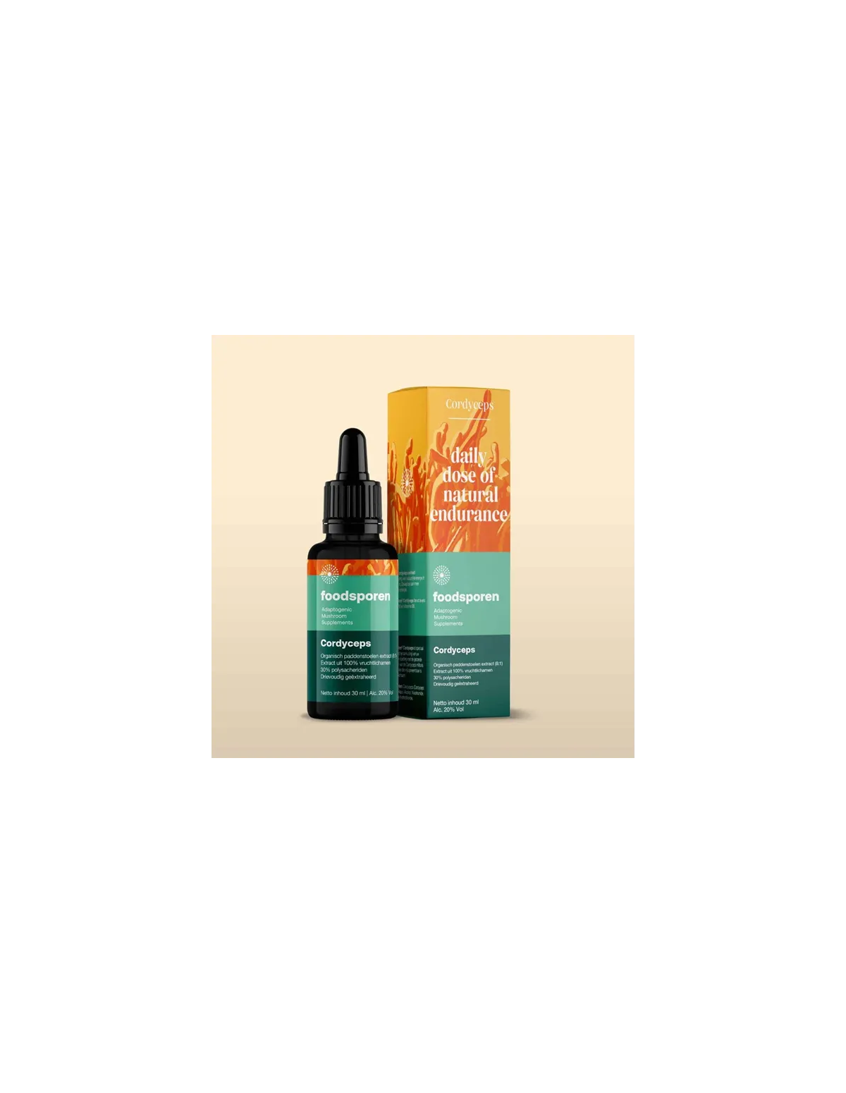 Cordyceps-Extrakt 8:1, 30 ml – Foodsporen – Pipettenflasche und Schachtel vor beigem Hintergrund