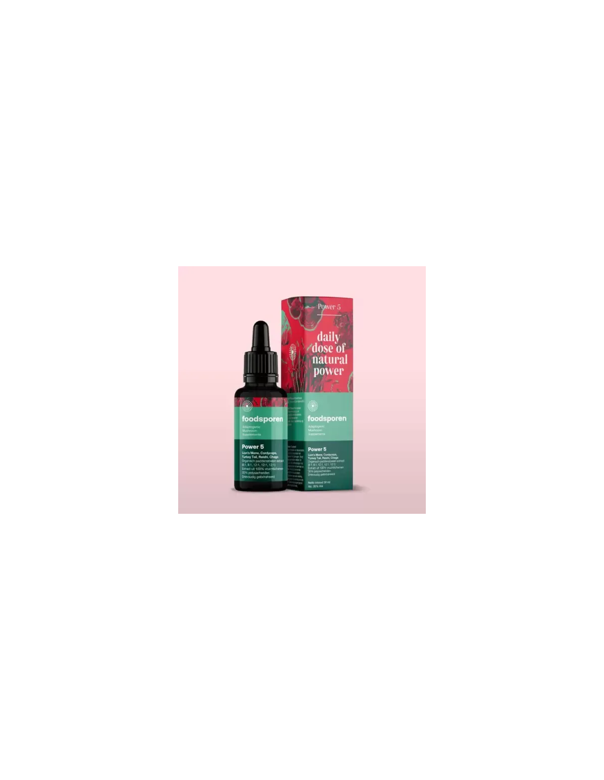 Fünf-Pilze-Extrakt, 30 ml – Foodsporen – Pipettenflasche und Umkarton