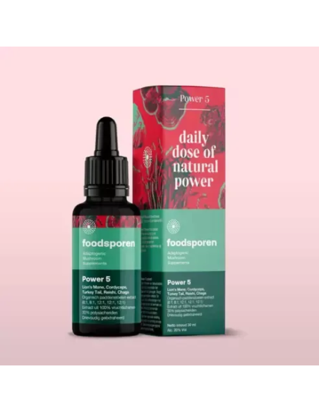 Fünf-Pilze-Extrakt, 30 ml – Foodsporen – Pipettenflasche und Umkarton
