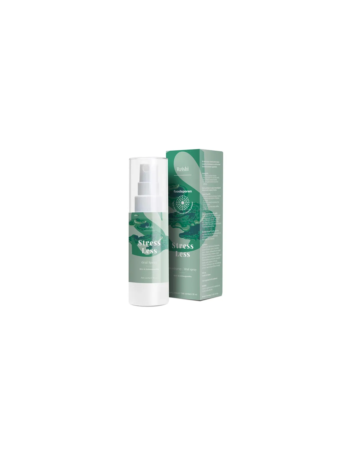 Reishi-Mundspray mit Minze & Ashwagandha, 30 ml – Foodsporen – Sprühflasche und Karton