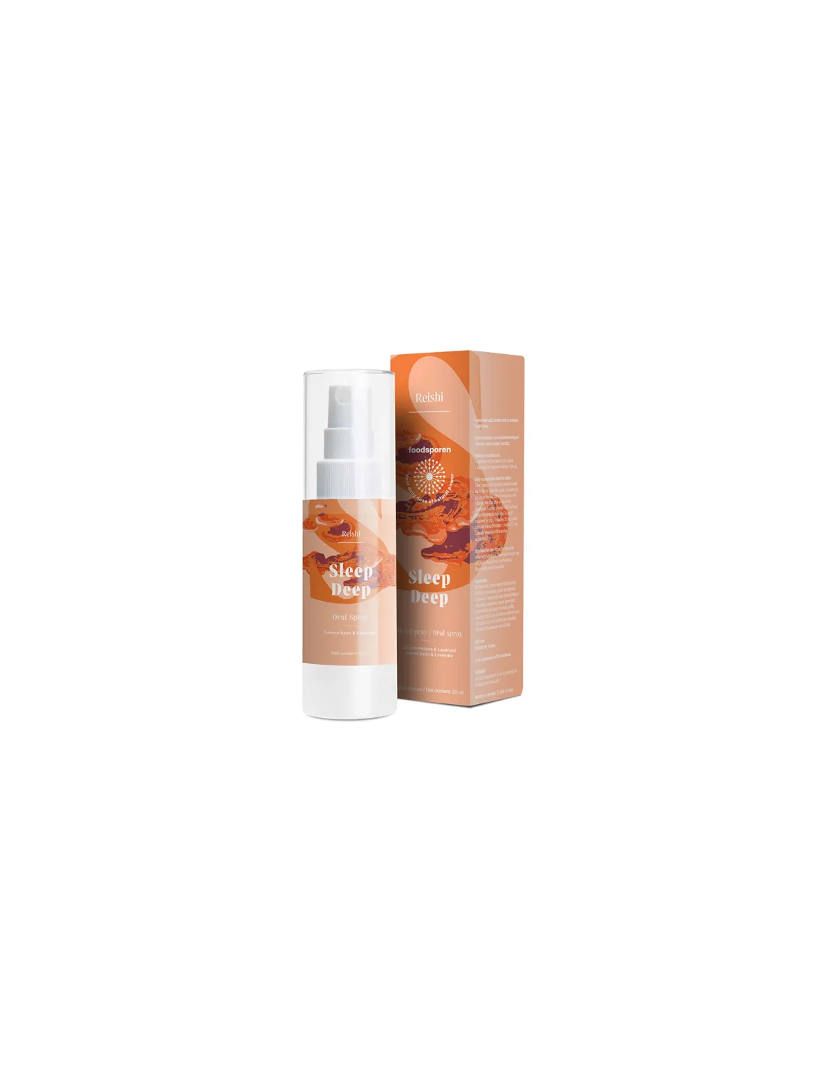 Reishi-Mundspray mit Zitronenmelisse & Lavendel, 30 ml – Foodsporen – Sprühflasche und Karton